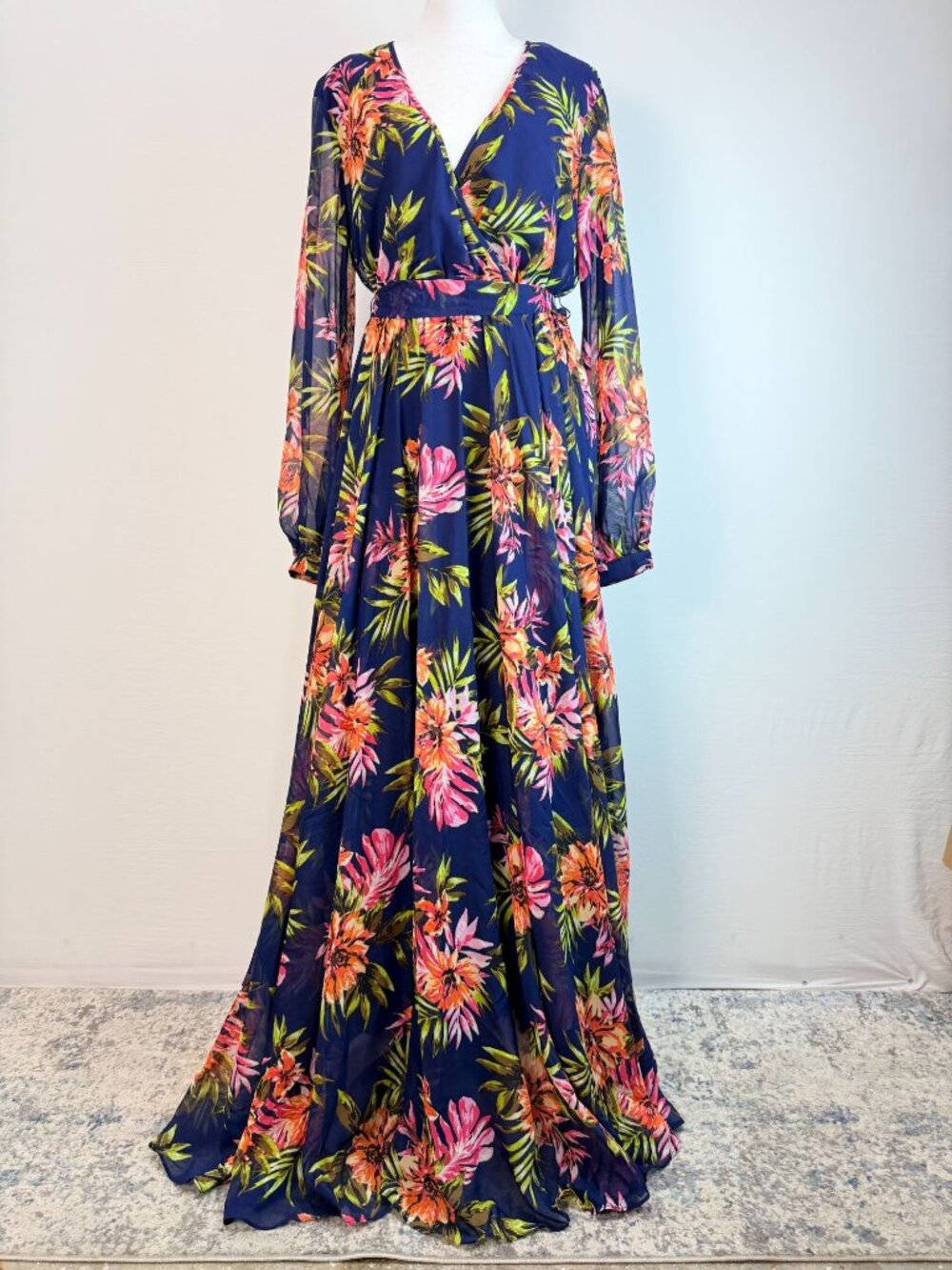 Renn Womens XL Tropical Floral Maxi Dress Blue Long Sleeve Belted NWT - Picture 14 of 16